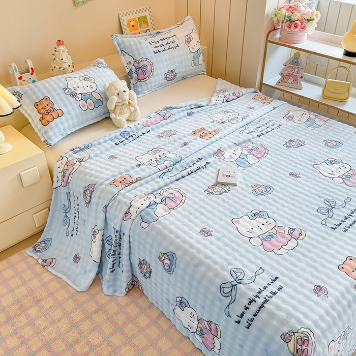 91家纺网 家纺一手货源 找家纺 绣女坊 2025新款A类高克重牛奶绒泡泡绒印花床单单件冬季保暖毛绒毯子绒床单三件套 公主kt