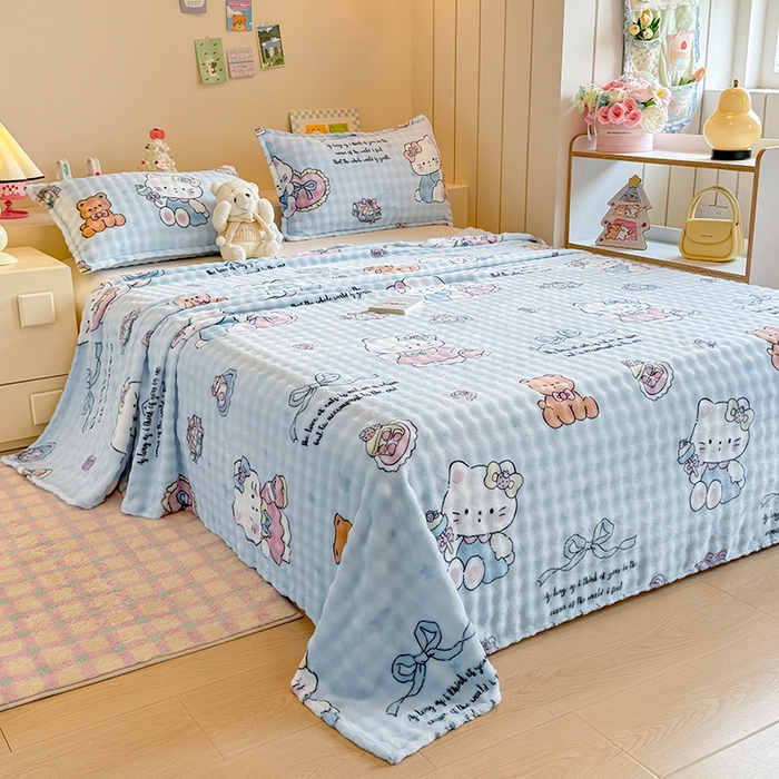 91家纺网 家纺一手货源 找家纺 绣女坊 2025新款A类高克重牛奶绒泡泡绒印花床单单件冬季保暖毛绒毯子绒床单三件套 公主kt