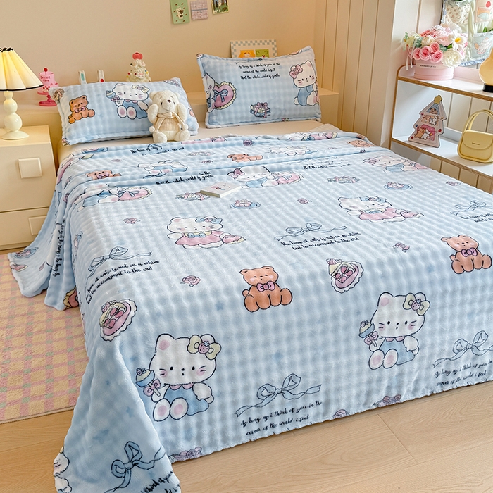 91家纺网 家纺一手货源 找家纺 绣女坊 2025新款A类高克重牛奶绒泡泡绒印花床单单件冬季保暖毛绒毯子绒床单三件套 公主kt