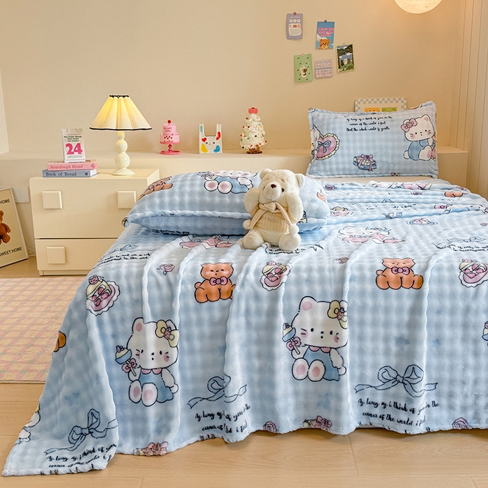 91家纺网 家纺一手货源 找家纺 绣女坊 2025新款A类高克重牛奶绒泡泡绒印花床单单件冬季保暖毛绒毯子绒床单三件套 公主kt