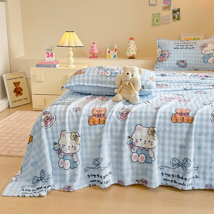 91家纺网 家纺一手货源 找家纺 绣女坊 2025新款A类高克重牛奶绒泡泡绒印花床单单件冬季保暖毛绒毯子绒床单三件套 公主kt