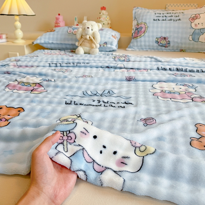 91家纺网 家纺一手货源 找家纺 绣女坊 2025新款A类高克重牛奶绒泡泡绒印花床单单件冬季保暖毛绒毯子绒床单三件套 公主kt