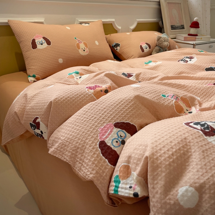 91家纺网 家纺一手货源 找家纺 小叮当家纺仓储工厂店 2025新款提供买家秀爆款花型不断货全棉纯棉A类华夫格印花磨毛四件套 动物派对-棕