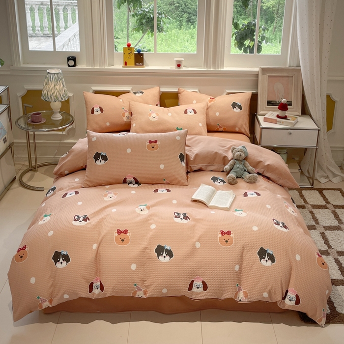 91家纺网 家纺一手货源 找家纺 小叮当家纺仓储工厂店 2025新款提供买家秀爆款花型不断货全棉纯棉A类华夫格印花磨毛四件套 动物派对-棕