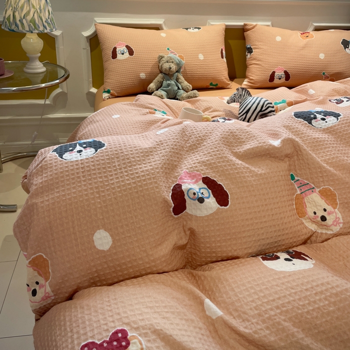 91家纺网 家纺一手货源 找家纺 小叮当家纺仓储工厂店 2025新款提供买家秀爆款花型不断货全棉纯棉A类华夫格印花磨毛四件套 动物派对-棕