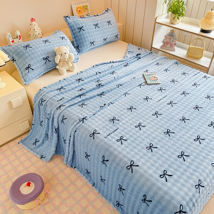 91家纺网 家纺一手货源 找家纺 绣女坊 2025新款A类高克重牛奶绒泡泡绒印花床单单件冬季保暖毛绒毯子绒床单三件套 蝴蝶结-兰