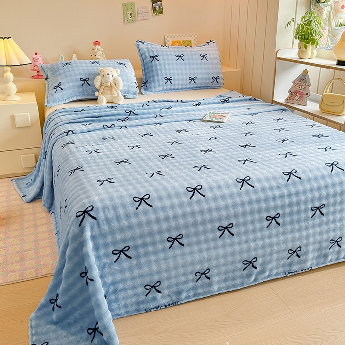 91家纺网 家纺一手货源 找家纺 绣女坊 2025新款A类高克重牛奶绒泡泡绒印花床单单件冬季保暖毛绒毯子绒床单三件套 蝴蝶结-兰