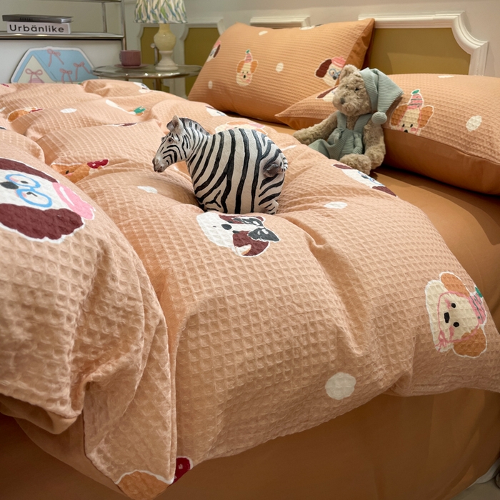 91家纺网 家纺一手货源 找家纺 小叮当家纺仓储工厂店 2025新款提供买家秀爆款花型不断货全棉纯棉A类华夫格印花磨毛四件套 动物派对-棕