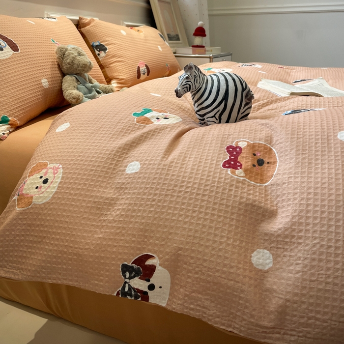 91家纺网 家纺一手货源 找家纺 小叮当家纺仓储工厂店 2025新款提供买家秀爆款花型不断货全棉纯棉A类华夫格印花磨毛四件套 动物派对-棕