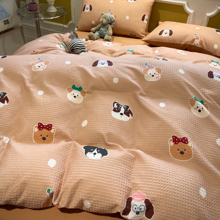 91家纺网 家纺一手货源 找家纺 小叮当家纺仓储工厂店 2025新款提供买家秀爆款花型不断货全棉纯棉A类华夫格印花磨毛四件套 动物派对-棕