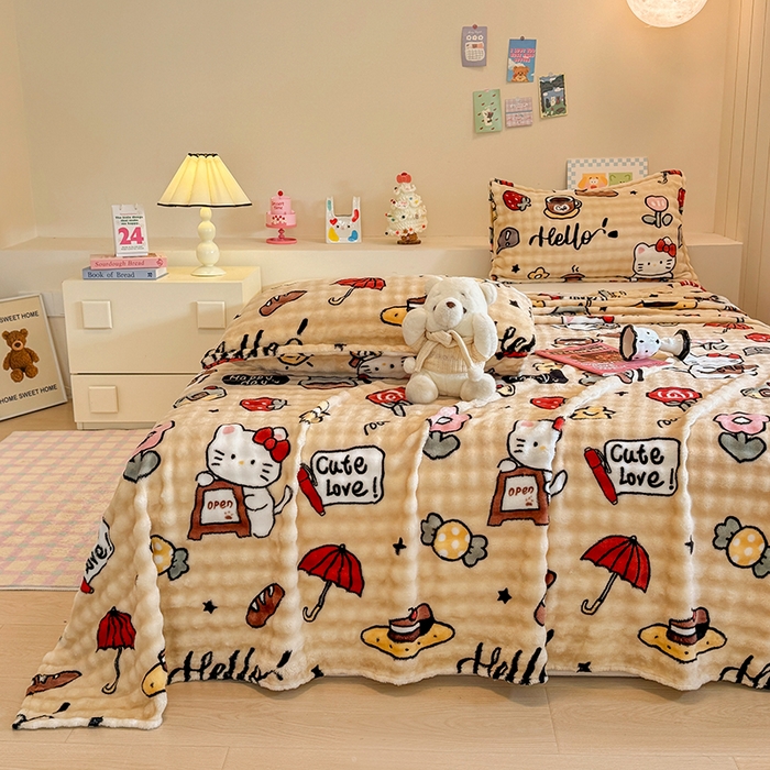 91家纺网 家纺一手货源 找家纺 绣女坊 2025新款A类高克重牛奶绒泡泡绒印花床单单件冬季保暖毛绒毯子绒床单三件套 画笔卡通