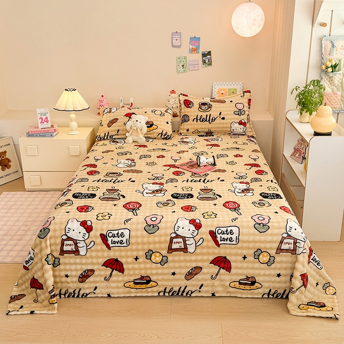 91家纺网 家纺一手货源 找家纺 绣女坊 2025新款A类高克重牛奶绒泡泡绒印花床单单件冬季保暖毛绒毯子绒床单三件套 画笔卡通