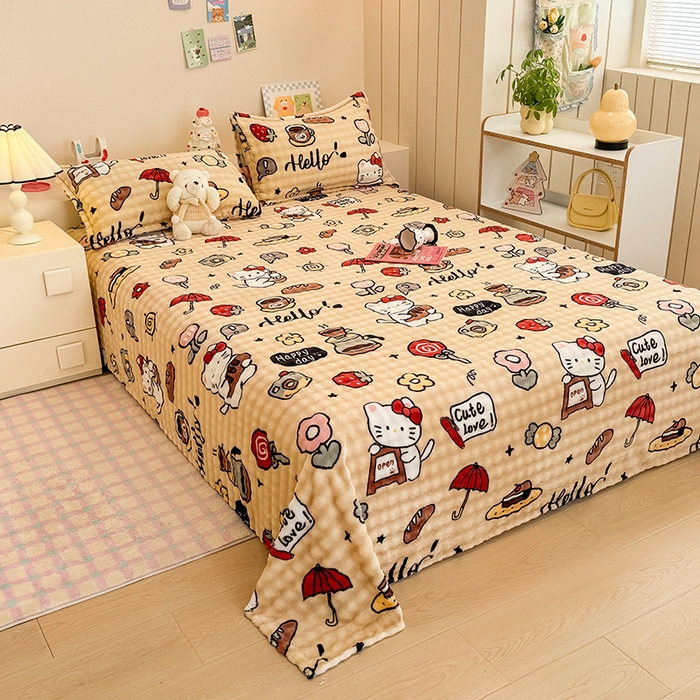 91家纺网 家纺一手货源 找家纺 绣女坊 2025新款A类高克重牛奶绒泡泡绒印花床单单件冬季保暖毛绒毯子绒床单三件套 画笔卡通