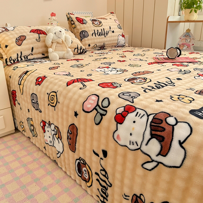 91家纺网 家纺一手货源 找家纺 绣女坊 2025新款A类高克重牛奶绒泡泡绒印花床单单件冬季保暖毛绒毯子绒床单三件套 画笔卡通