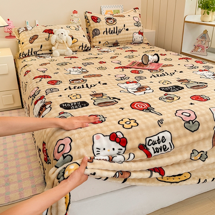 91家纺网 家纺一手货源 找家纺 绣女坊 2025新款A类高克重牛奶绒泡泡绒印花床单单件冬季保暖毛绒毯子绒床单三件套 画笔卡通