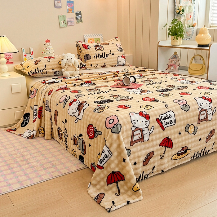 91家纺网 家纺一手货源 找家纺 绣女坊 2025新款A类高克重牛奶绒泡泡绒印花床单单件冬季保暖毛绒毯子绒床单三件套 画笔卡通