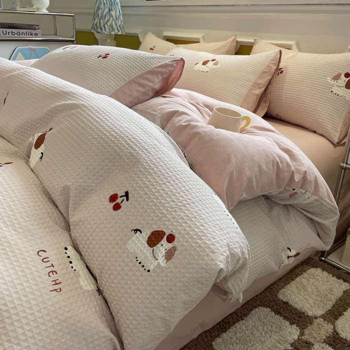 小叮当家纺仓储工厂店 2025新款提供买家秀爆款花型不断货全棉纯棉A类华夫格印花磨毛四件套 活力小象-灰