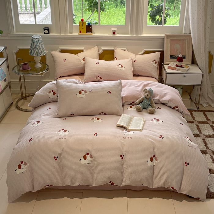 91家纺网 家纺一手货源 找家纺 小叮当家纺仓储工厂店 2025新款提供买家秀爆款花型不断货全棉纯棉A类华夫格印花磨毛四件套 活力小象-灰