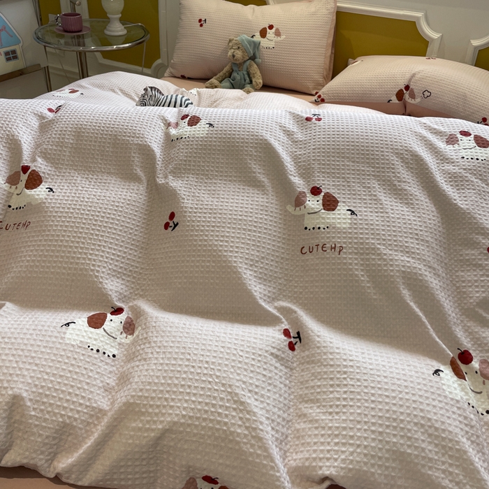 91家纺网 家纺一手货源 找家纺 小叮当家纺仓储工厂店 2025新款提供买家秀爆款花型不断货全棉纯棉A类华夫格印花磨毛四件套 活力小象-灰