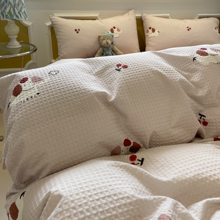 91家纺网 家纺一手货源 找家纺 小叮当家纺仓储工厂店 2025新款提供买家秀爆款花型不断货全棉纯棉A类华夫格印花磨毛四件套 活力小象-灰