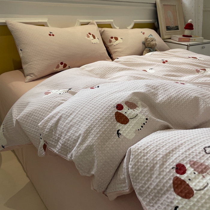 91家纺网 家纺一手货源 找家纺 小叮当家纺仓储工厂店 2025新款提供买家秀爆款花型不断货全棉纯棉A类华夫格印花磨毛四件套 活力小象-灰