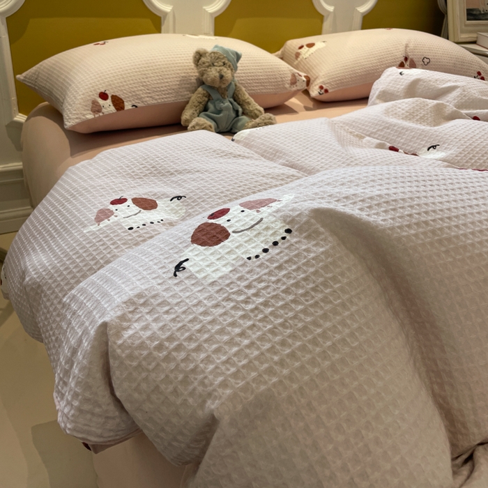 91家纺网 家纺一手货源 找家纺 小叮当家纺仓储工厂店 2025新款提供买家秀爆款花型不断货全棉纯棉A类华夫格印花磨毛四件套 活力小象-灰