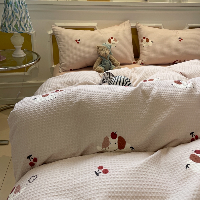 91家纺网 家纺一手货源 找家纺 小叮当家纺仓储工厂店 2025新款提供买家秀爆款花型不断货全棉纯棉A类华夫格印花磨毛四件套 活力小象-灰