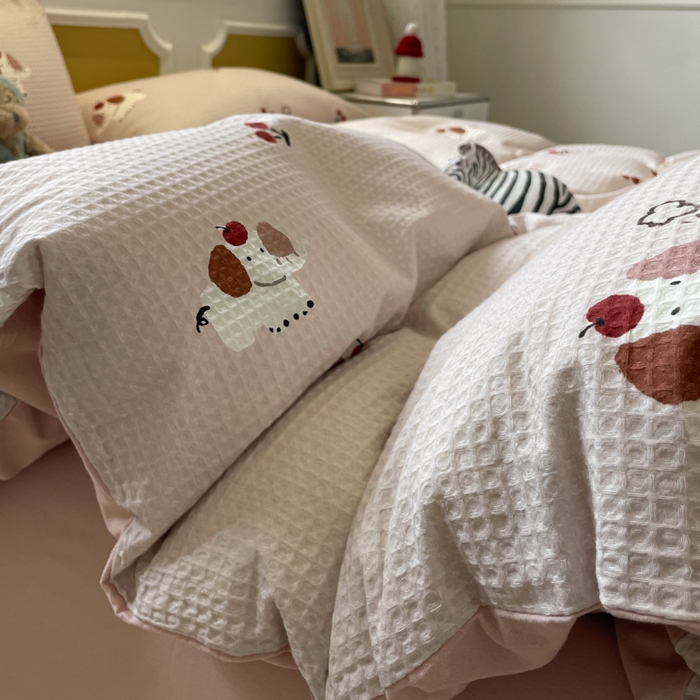 91家纺网 家纺一手货源 找家纺 小叮当家纺仓储工厂店 2025新款提供买家秀爆款花型不断货全棉纯棉A类华夫格印花磨毛四件套 活力小象-灰