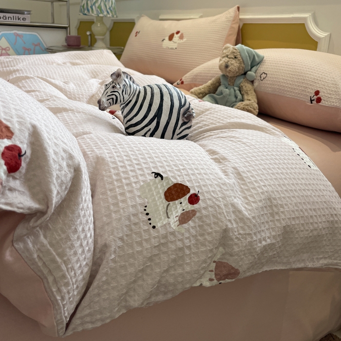 91家纺网 家纺一手货源 找家纺 小叮当家纺仓储工厂店 2025新款提供买家秀爆款花型不断货全棉纯棉A类华夫格印花磨毛四件套 活力小象-灰