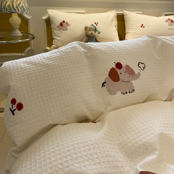 91家纺网 家纺一手货源 找家纺 小叮当家纺仓储工厂店 2025新款提供买家秀爆款花型不断货全棉纯棉A类华夫格印花磨毛四件套 活力小象-米