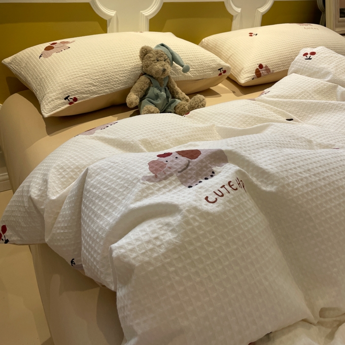 91家纺网 家纺一手货源 找家纺 小叮当家纺仓储工厂店 2025新款提供买家秀爆款花型不断货全棉纯棉A类华夫格印花磨毛四件套 活力小象-米