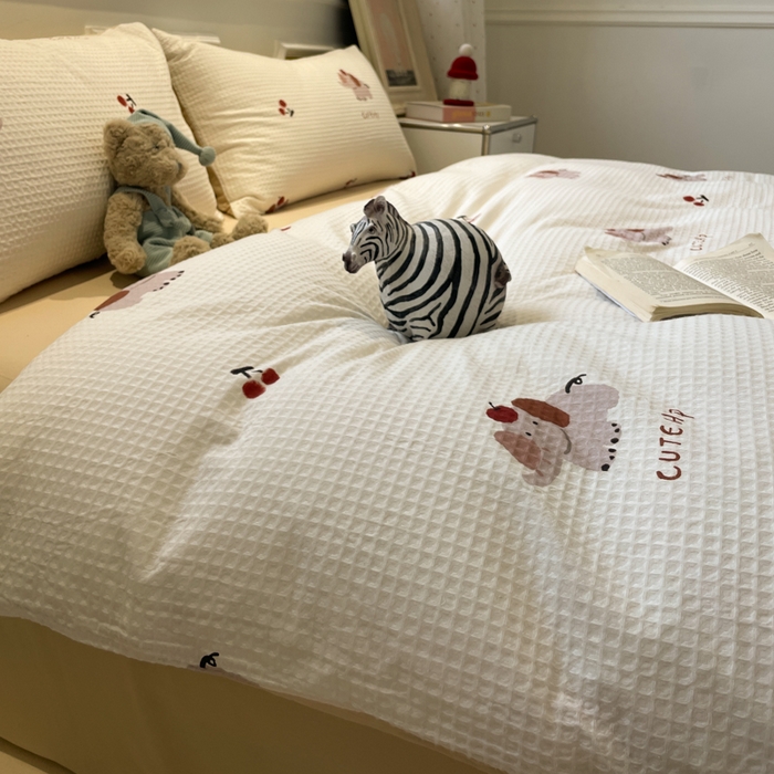 91家纺网 家纺一手货源 找家纺 小叮当家纺仓储工厂店 2025新款提供买家秀爆款花型不断货全棉纯棉A类华夫格印花磨毛四件套 活力小象-米