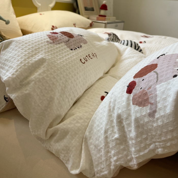 91家纺网 家纺一手货源 找家纺 小叮当家纺仓储工厂店 2025新款提供买家秀爆款花型不断货全棉纯棉A类华夫格印花磨毛四件套 活力小象-米