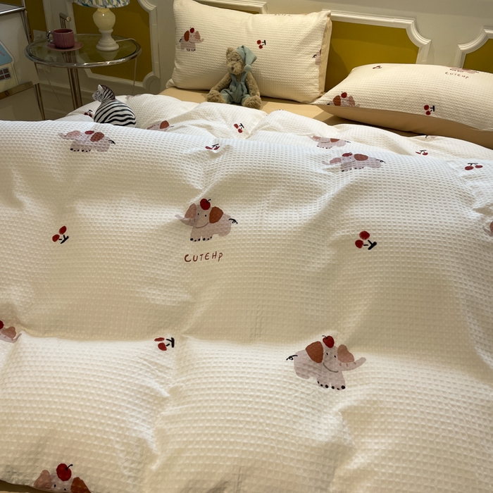 91家纺网 家纺一手货源 找家纺 小叮当家纺仓储工厂店 2025新款提供买家秀爆款花型不断货全棉纯棉A类华夫格印花磨毛四件套 活力小象-米