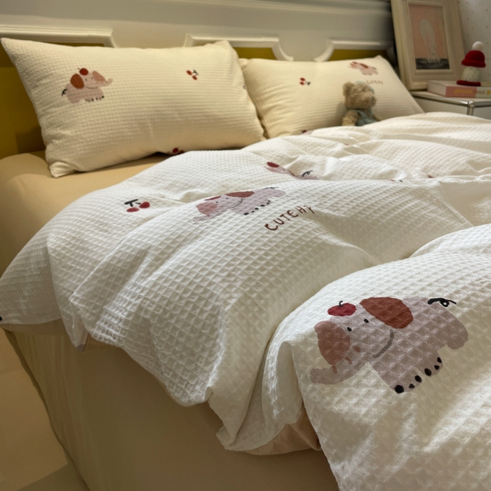 91家纺网 家纺一手货源 找家纺 小叮当家纺仓储工厂店 2025新款提供买家秀爆款花型不断货全棉纯棉A类华夫格印花磨毛四件套 活力小象-米