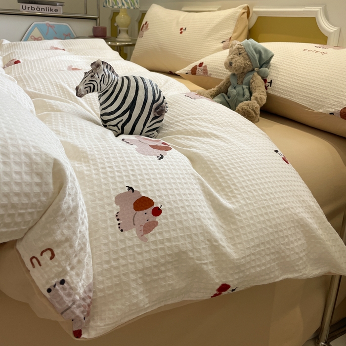 91家纺网 家纺一手货源 找家纺 小叮当家纺仓储工厂店 2025新款提供买家秀爆款花型不断货全棉纯棉A类华夫格印花磨毛四件套 活力小象-米