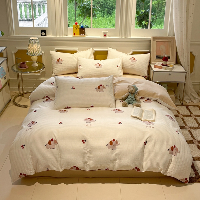 91家纺网 家纺一手货源 找家纺 小叮当家纺仓储工厂店 2025新款提供买家秀爆款花型不断货全棉纯棉A类华夫格印花磨毛四件套 活力小象-米