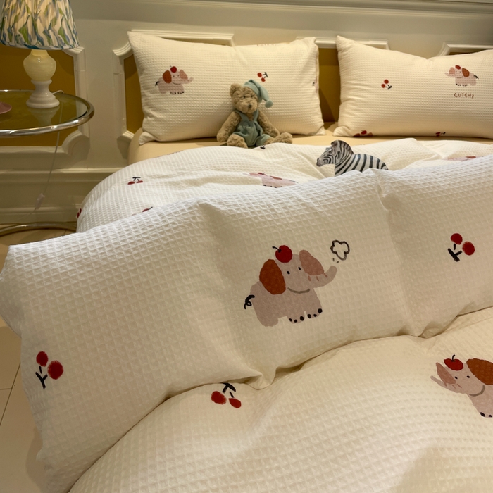 91家纺网 家纺一手货源 找家纺 小叮当家纺仓储工厂店 2025新款提供买家秀爆款花型不断货全棉纯棉A类华夫格印花磨毛四件套 活力小象-米