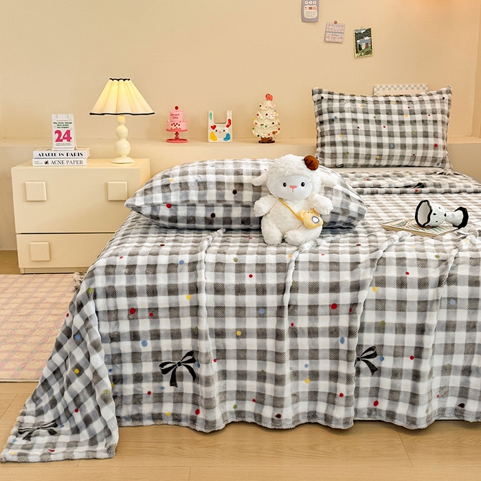 91家纺网 家纺一手货源 找家纺 绣女坊 2025新款A类高克重牛奶绒泡泡绒印花床单单件冬季保暖毛绒毯子绒床单三件套 元气格子