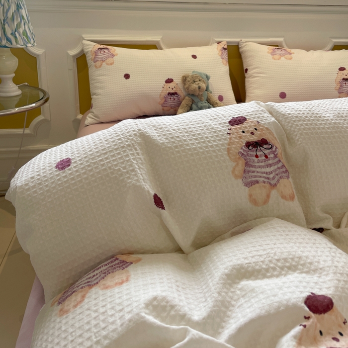 91家纺网 家纺一手货源 找家纺 小叮当家纺仓储工厂店 2025新款提供买家秀爆款花型不断货全棉纯棉A类华夫格印花磨毛四件套 克洛莉-米