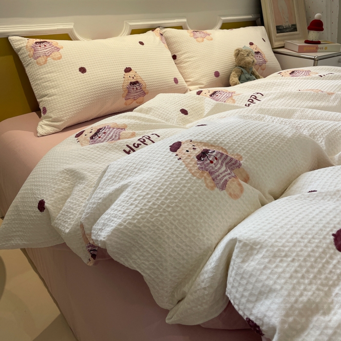 91家纺网 家纺一手货源 找家纺 小叮当家纺仓储工厂店 2025新款提供买家秀爆款花型不断货全棉纯棉A类华夫格印花磨毛四件套 克洛莉-米