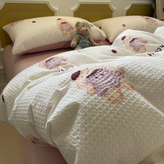 91家纺网 家纺一手货源 找家纺 小叮当家纺仓储工厂店 2025新款提供买家秀爆款花型不断货全棉纯棉A类华夫格印花磨毛四件套 克洛莉-米