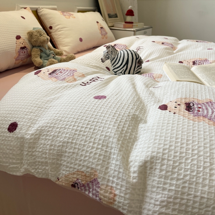 91家纺网 家纺一手货源 找家纺 小叮当家纺仓储工厂店 2025新款提供买家秀爆款花型不断货全棉纯棉A类华夫格印花磨毛四件套 克洛莉-米