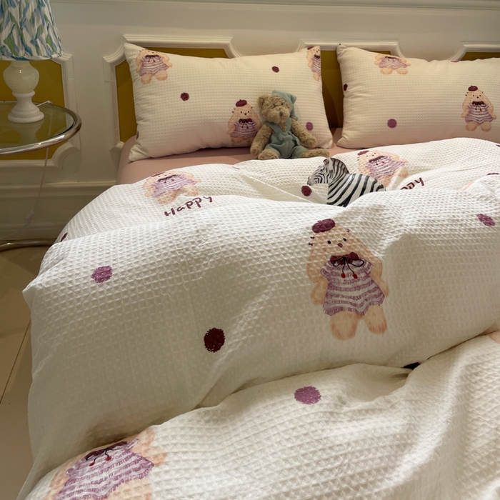 91家纺网 家纺一手货源 找家纺 小叮当家纺仓储工厂店 2025新款提供买家秀爆款花型不断货全棉纯棉A类华夫格印花磨毛四件套 克洛莉-米