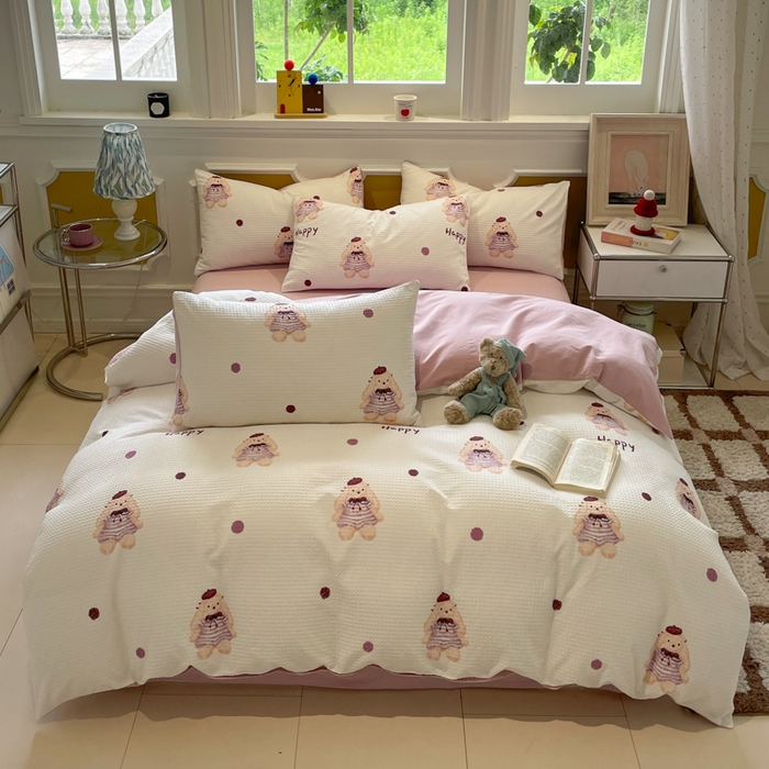 91家纺网 家纺一手货源 找家纺 小叮当家纺仓储工厂店 2025新款提供买家秀爆款花型不断货全棉纯棉A类华夫格印花磨毛四件套 克洛莉-米