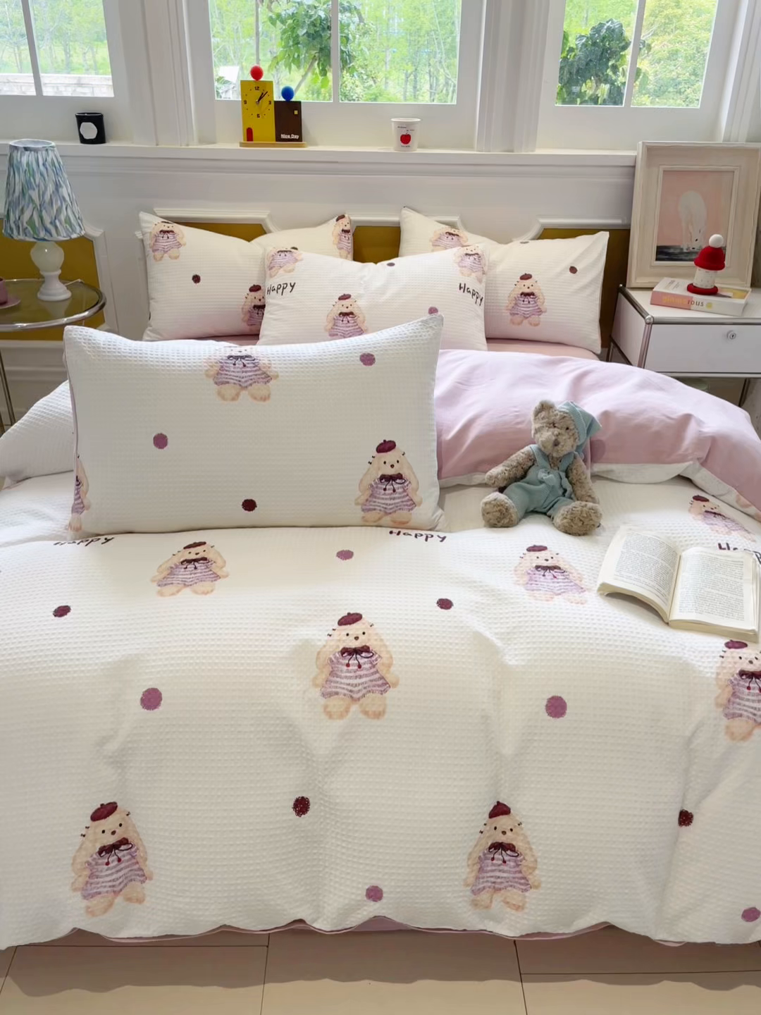 91家纺网 家纺一手货源 找家纺 小叮当家纺仓储工厂店 2025新款提供买家秀爆款花型不断货全棉纯棉A类华夫格印花磨毛四件套 克洛莉-米