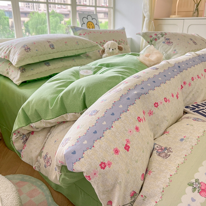 小叮当家纺仓储工厂店 2025新款提供买家秀爆款花型不断货亲肤舒适原棉加厚磨毛四件套 花枝兔