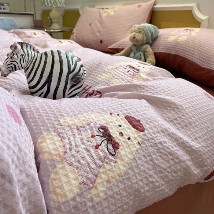 91家纺网 家纺一手货源 找家纺 小叮当家纺仓储工厂店 2025新款提供买家秀爆款花型不断货全棉纯棉A类华夫格印花磨毛四件套 克洛莉-紫