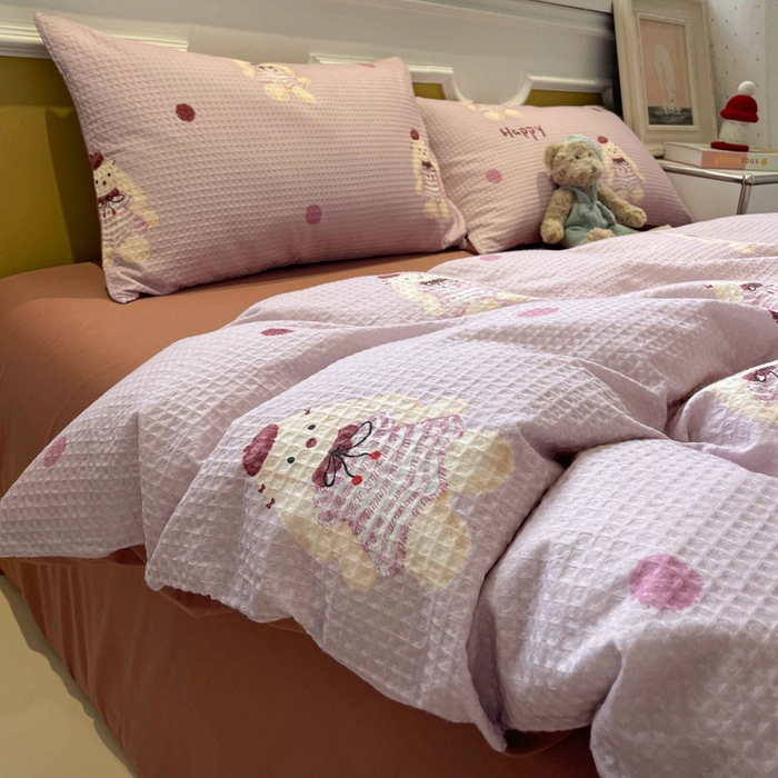 91家纺网 家纺一手货源 找家纺 小叮当家纺仓储工厂店 2025新款提供买家秀爆款花型不断货全棉纯棉A类华夫格印花磨毛四件套 克洛莉-紫