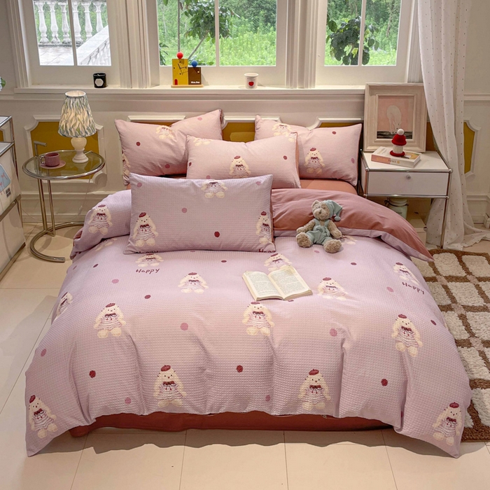 91家纺网 家纺一手货源 找家纺 小叮当家纺仓储工厂店 2025新款提供买家秀爆款花型不断货全棉纯棉A类华夫格印花磨毛四件套 克洛莉-紫